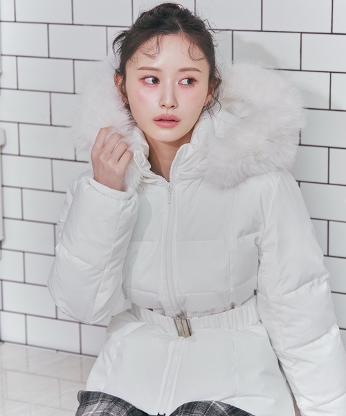 Ed Hardy ホワイトダウンジャケット XS ベルトデザインキルティングファイバーダウンジャケット（ダウン