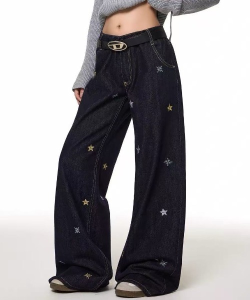 セール】星柄刺しゅうデニムワイドパンツ（デニムパンツ）｜ViViDAY