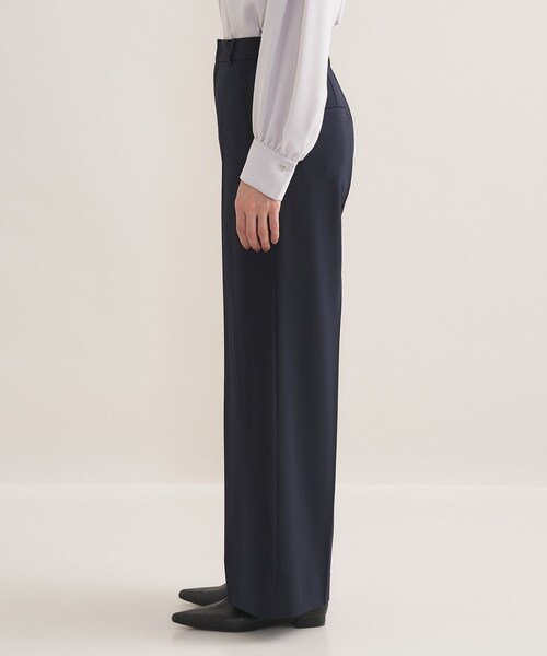 インディヴィ ノーカラー ワイドパンツスーツ ネイビー ストレッチ 洗える 美品 洗える インディヴィ ノーカラー パンツスーツ ストレッチ