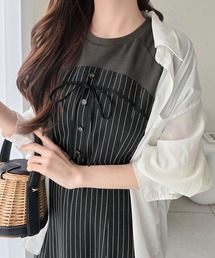 【mily bilet】こなれ感抜群の最旬レイヤード。Tシャツレイヤード風 ストライプドッキング フレアワンピース (ロング丈)