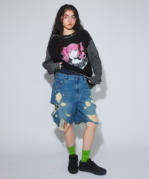 Candy Stripper（キャンディストリッパー）の「TATTERED LAYERED DENIM HALF パンツ（デニムパンツ・レディース・ブルー系その他/ライトインディゴブルー・FREE）」の3枚目の写真