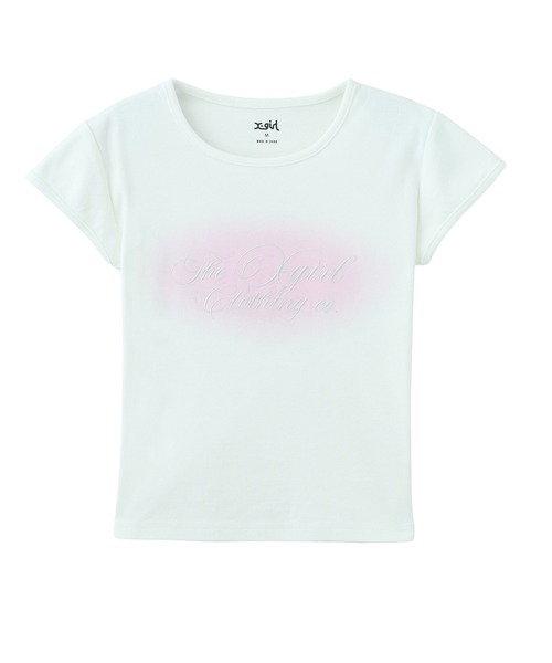 X-girl（エックスガール）の「SPRAY AND CURSIVE SCRIPT LOGO S/S BABY TEE（Tシャツ/カットソー・レディース・ホワイト/ピンク/チャコール・S/M）」の8枚目の写真