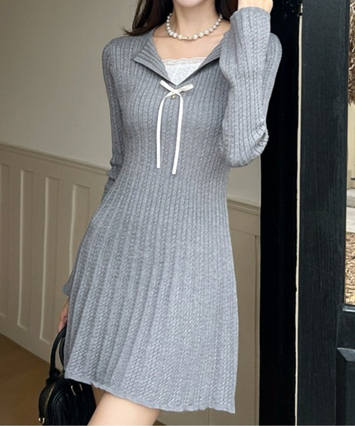 LUCPY(ラクピー)の「レースインナー風リボン付き リブニットワンピース(ワンピース・レディース・グレー・SMALL/MEDIUM/LARGE)」の3枚目の写真