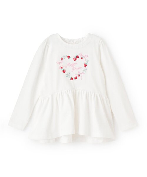 mezzo piano(メゾピアノ)の「イチゴ刺しゅう ペプラム長袖Tシャツ(Tシャツ/カットソー・キッズ・オフホワイト/ピンク・120cm/100cm/110cm/90cm)」の1枚目の写真