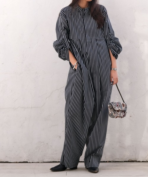 AKTE（アクテ）の「ボリュームタックジャンプスーツ（つなぎ/オールインワン・レディース・ネイビー/ストライプ/ピンク・2T/2/1）」の11枚目の写真