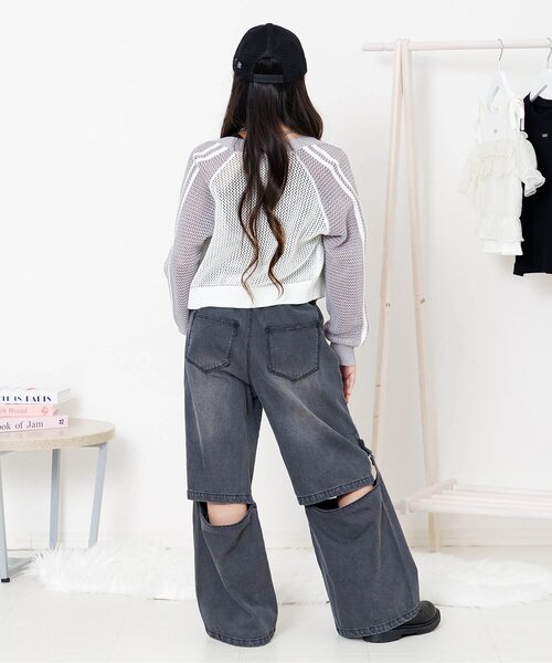 algy（アルジー）の「メッシュニットカーデ（カーディガン/ボレロ・キッズ・オフホワイト/グレー・140/130/160/150）」の4枚目の写真