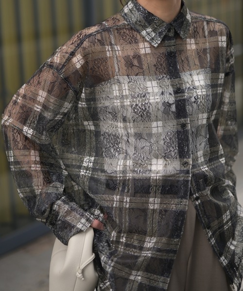 Marient（マリエント）の「レースチェックシアーSH（シャツ/ブラウス・レディース・ブラック/ホワイト・FREE）」の3枚目の写真