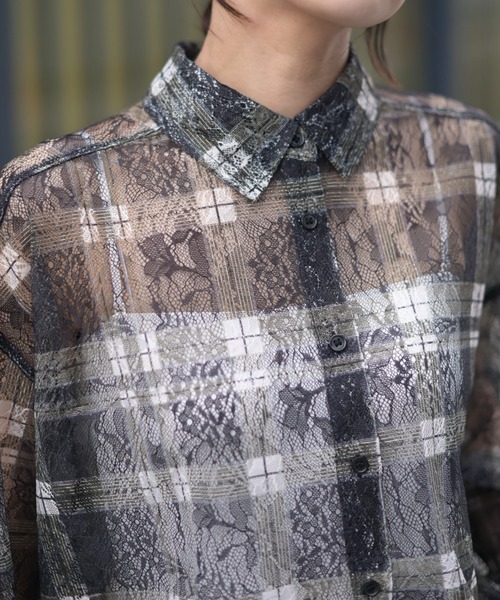 Marient（マリエント）の「レースチェックシアーSH（シャツ/ブラウス・レディース・ブラック/ホワイト・FREE）」の4枚目の写真