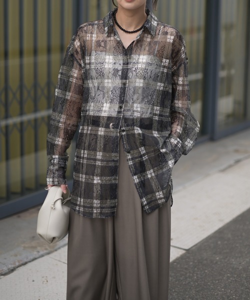 Marient（マリエント）の「レースチェックシアーSH（シャツ/ブラウス・レディース・ブラック/ホワイト・FREE）」の9枚目の写真