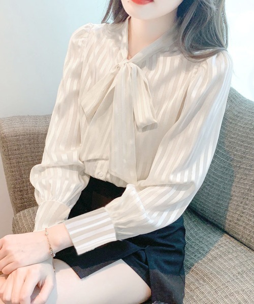shoppinggo(ショッピングゴー)の「春シャツ ブラウス リボン ボウタイブラウス リボン付き シャツビジネス 白ブラウス オフィス カジュアル(シャツ/ブラウス・レディース・ホワイト・M)」の9枚目の写真
