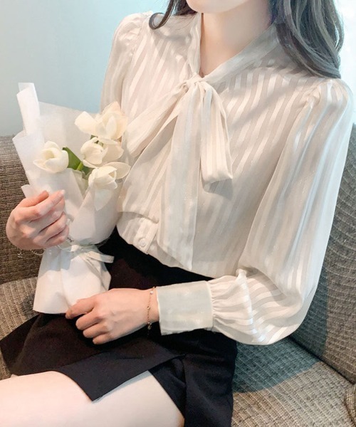 shoppinggo(ショッピングゴー)の「春シャツ ブラウス リボン ボウタイブラウス リボン付き シャツビジネス 白ブラウス オフィス カジュアル(シャツ/ブラウス・レディース・ホワイト・M)」の5枚目の写真