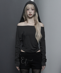 Lettering Hooded Slim-Fit Long Sleeve Top (Dark Gray)