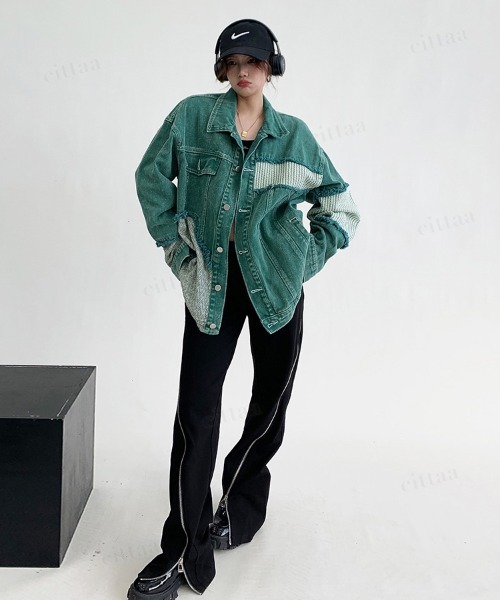 Dalfwin(ダールフィン)の「韓国ファッション パッチワークデザインカラーデニムジャケット(デニムジャケット・レディース・グリーン・FREE)」の7枚目の写真