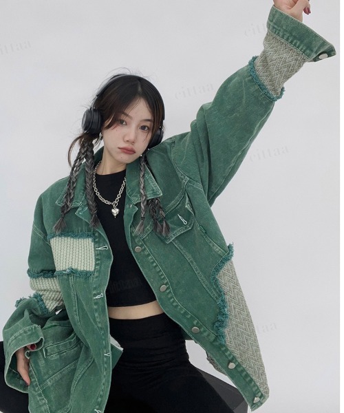 Dalfwin(ダールフィン)の「韓国ファッション パッチワークデザインカラーデニムジャケット(デニムジャケット・レディース・グリーン・FREE)」の6枚目の写真