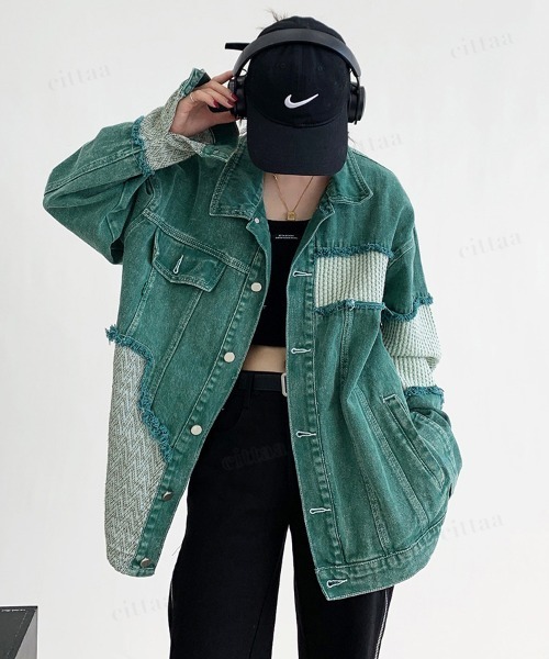 Dalfwin(ダールフィン)の「韓国ファッション パッチワークデザインカラーデニムジャケット(デニムジャケット・レディース・グリーン・FREE)」の2枚目の写真