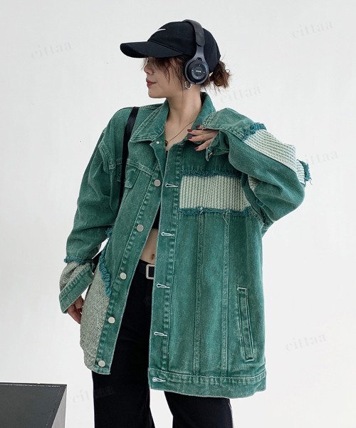 Dalfwin(ダールフィン)の「韓国ファッション パッチワークデザインカラーデニムジャケット(デニムジャケット・レディース・グリーン・FREE)」の5枚目の写真