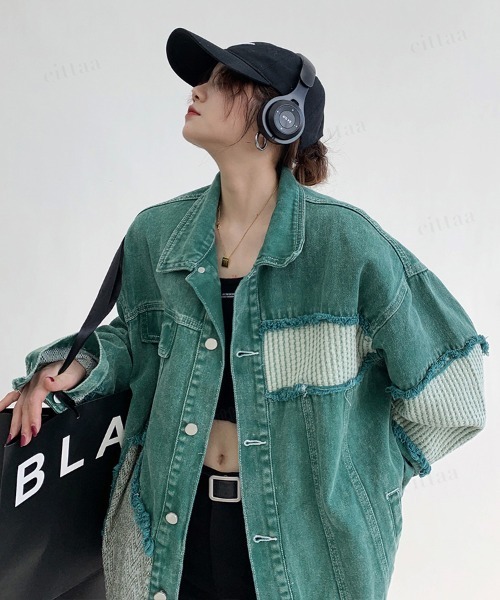 Dalfwin(ダールフィン)の「韓国ファッション パッチワークデザインカラーデニムジャケット(デニムジャケット・レディース・グリーン・FREE)」の3枚目の写真