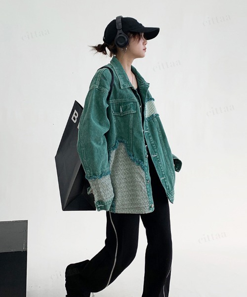 Dalfwin(ダールフィン)の「韓国ファッション パッチワークデザインカラーデニムジャケット(デニムジャケット・レディース・グリーン・FREE)」の8枚目の写真