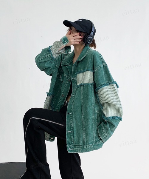 Dalfwin(ダールフィン)の「韓国ファッション パッチワークデザインカラーデニムジャケット(デニムジャケット・レディース・グリーン・FREE)」の4枚目の写真