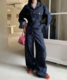 【セットアップ】デニムバックベルトジャケット&カーブパンツ 上下2点セット