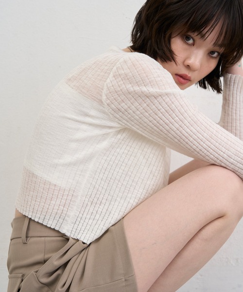 NUJOH(ヌゾ)の「Sheer Rib Crop Cardigan / シアーリブクロップカーディガン(カーディガン/ボレロ・レディース・ライトブルー/アイボリー/グレー/ブラック・FREE)」の4枚目の写真
