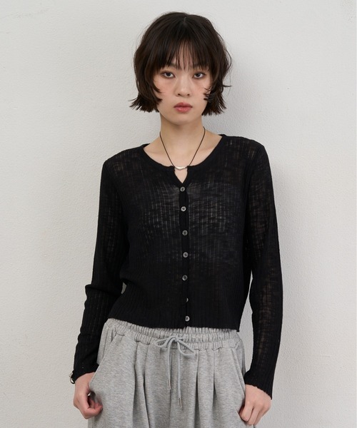 NUJOH(ヌゾ)の「Sheer Rib Crop Cardigan / シアーリブクロップカーディガン(カーディガン/ボレロ・レディース・ライトブルー/アイボリー/グレー/ブラック・FREE)」の6枚目の写真
