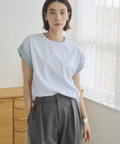 ANGIE(アンジー)の「配色 レイヤード フレンチスリーブ Tシャツ / バイカラーコットン Tシャツ / 夏服(Tシャツ/カットソー・レディース・オフホワイト/ベージュ/ライトグレー・FREE)」の11枚目の写真