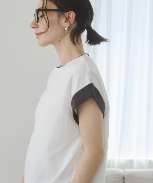 ANGIE(アンジー)の「配色 レイヤード フレンチスリーブ Tシャツ / バイカラーコットン Tシャツ / 夏服(Tシャツ/カットソー・レディース・オフホワイト/ベージュ/ライトグレー・FREE)」の22枚目の写真
