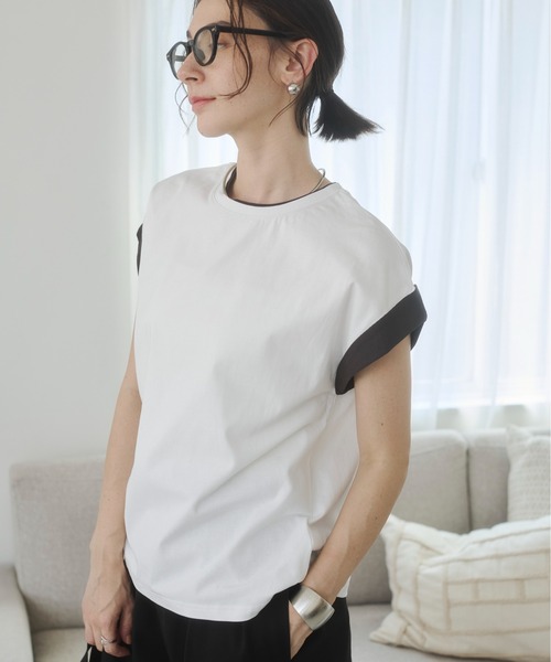 ANGIE(アンジー)の「配色 レイヤード フレンチスリーブ Tシャツ / バイカラーコットン Tシャツ / 夏服(Tシャツ/カットソー・レディース・オフホワイト/ベージュ/ライトグレー・FREE)」の21枚目の写真