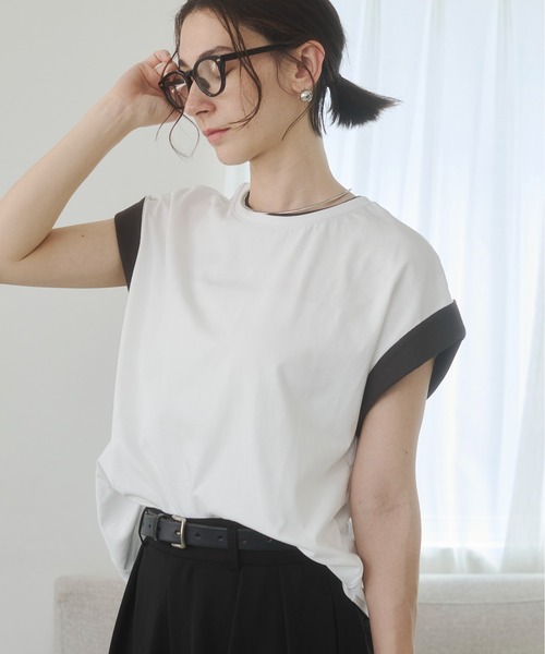 ANGIE(アンジー)の「配色 レイヤード フレンチスリーブ Tシャツ / バイカラーコットン Tシャツ / 夏服(Tシャツ/カットソー・レディース・オフホワイト/ベージュ/ライトグレー・FREE)」の20枚目の写真