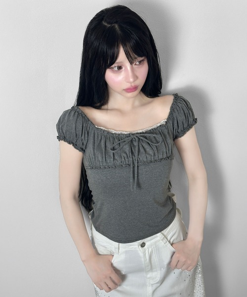 FOLLOWIN（フォロウィン）の「シャーリングリボンパフスリーブTシャツ（Tシャツ/カットソー・レディース・ホワイト/グレー・FREE）」の21枚目の写真