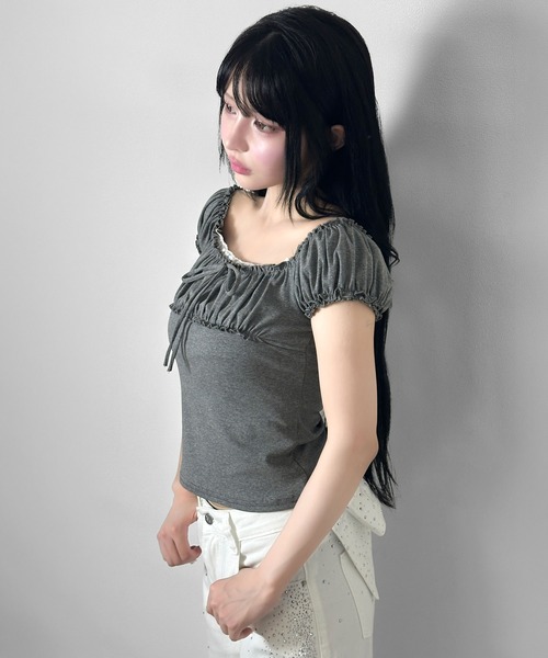 FOLLOWIN（フォロウィン）の「シャーリングリボンパフスリーブTシャツ（Tシャツ/カットソー・レディース・ホワイト/グレー・FREE）」の22枚目の写真