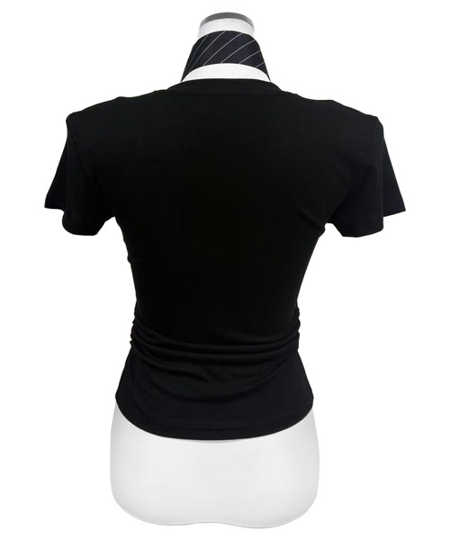 FOLLOWIN(フォロウィン)の「【取り外し可能/2WAY】ネクタイセットVネックシャーリングトップス(Tシャツ/カットソー・レディース・ブラック/ホワイト・FREE)」の3枚目の写真
