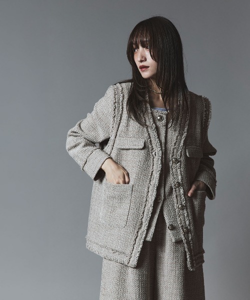 W:Huku（フーク）の「ウールミックス ツイード オーバー ベスト / Wool-Blend Tweed Overvest（ベスト・レディース・ブラック/ライトグレー/ブラウン・FREE）」の12枚目の写真