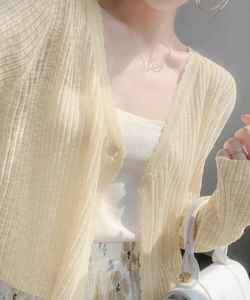 Miniministore(ミニミニストア)の「Vネックシアー カーディガン 春夏羽織り(カーディガン/ボレロ・レディース・ミント/ブラック/ライトブルー/ラベンダー/イエロー/ピンク/ベージュ/ホワイト・FREE)」の4枚目の写真