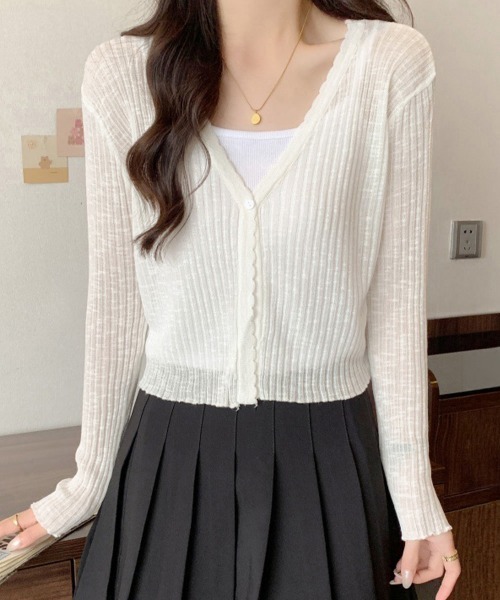 Miniministore(ミニミニストア)の「Vネックシアー カーディガン 春夏羽織り(カーディガン/ボレロ・レディース・ミント/ブラック/ライトブルー/ラベンダー/イエロー/ピンク/ベージュ/ホワイト・FREE)」の2枚目の写真