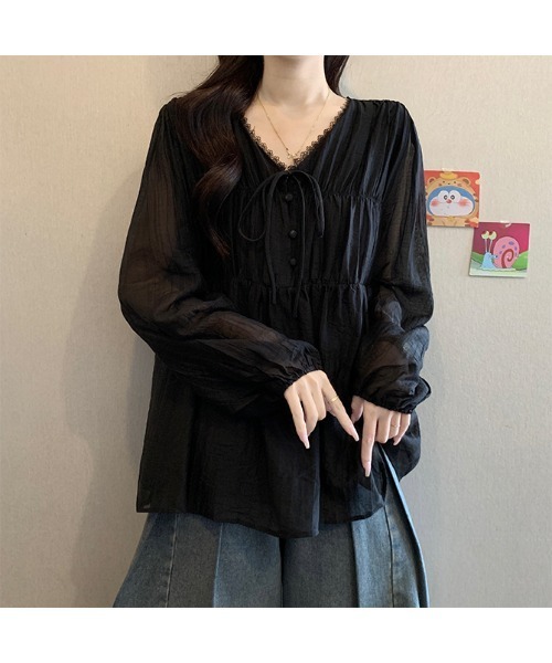 witch(ウイッチ)の「シアー楊柳フリルブラウスふんわりとしたギャザーシルエット(シャツ/ブラウス・レディース・ブルー/ブラック・FREE)」の1枚目の写真