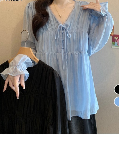 witch(ウイッチ)の「シアー楊柳フリルブラウスふんわりとしたギャザーシルエット(シャツ/ブラウス・レディース・ブルー/ブラック・FREE)」の3枚目の写真