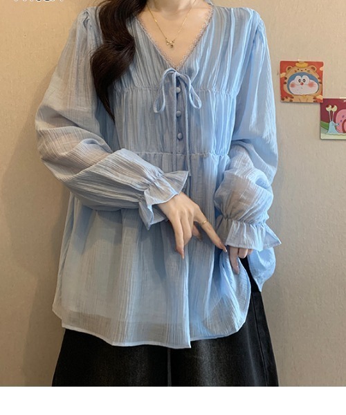 witch(ウイッチ)の「シアー楊柳フリルブラウスふんわりとしたギャザーシルエット(シャツ/ブラウス・レディース・ブルー/ブラック・FREE)」の7枚目の写真