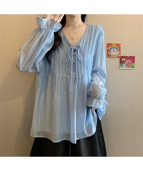 witch(ウイッチ)の「シアー楊柳フリルブラウスふんわりとしたギャザーシルエット(シャツ/ブラウス・レディース・ブルー/ブラック・FREE)」の8枚目の写真
