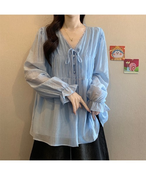 witch(ウイッチ)の「シアー楊柳フリルブラウスふんわりとしたギャザーシルエット(シャツ/ブラウス・レディース・ブルー/ブラック・FREE)」の9枚目の写真