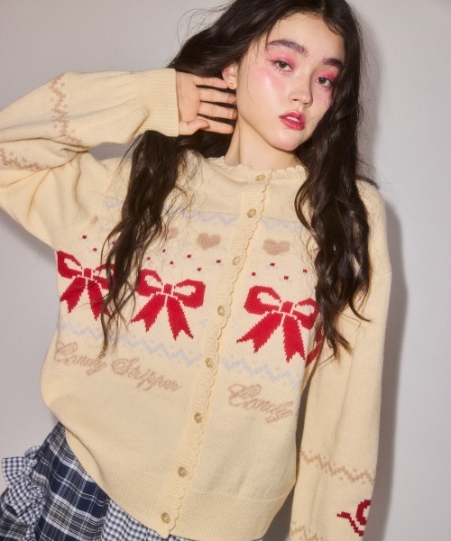 Candy Stripper(キャンディストリッパー)の「CANDY RIBBON KNIT カーディガン(カーディガン/ボレロ・レディース・アイボリー/ピンク/ライトブルー・FREE)」の1枚目の写真