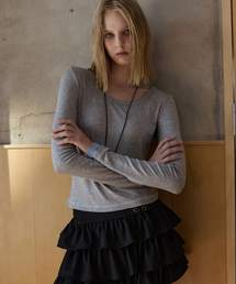 U-Neck Layered Long Sleeve Melange Gray