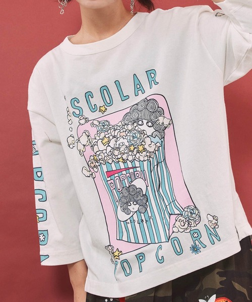 ScoLar(スカラー)の「ScoLar(スカラー) ポップコーン柄 ロングスリーブTシャツ(Tシャツ/カットソー・レディース・オフホワイト/ブラック・MEDIUM)」の7枚目の写真