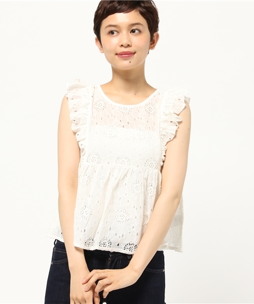 earth music&ecology(アースミュージックアンドエコロジー)の「袖フリルレースプルオーバー(シャツ/ブラウス・レディース・ブラック/ピンクベージュ/ミント/オフホワイト・FREE)」の12枚目の写真