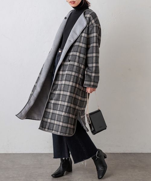 natural couture（ナチュラルクチュール）の「チェックリバーシブルパイピングコート（その他アウター・レディース・グレー/ベージュ/ライトベージュ・FREE）」の2枚目の写真