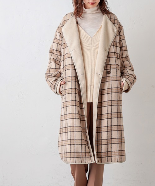 natural couture（ナチュラルクチュール）の「チェックリバーシブルパイピングコート（その他アウター・レディース・グレー/ベージュ/ライトベージュ・FREE）」の3枚目の写真