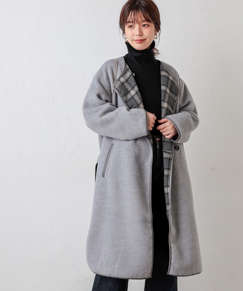 natural couture（ナチュラルクチュール）の「チェックリバーシブルパイピングコート（その他アウター・レディース・グレー/ベージュ/ライトベージュ・FREE）」の4枚目の写真