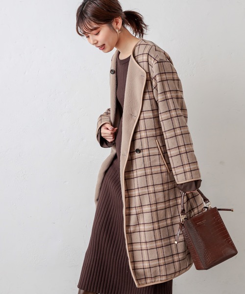 natural couture（ナチュラルクチュール）の「チェックリバーシブルパイピングコート（その他アウター・レディース・グレー/ベージュ/ライトベージュ・FREE）」の5枚目の写真