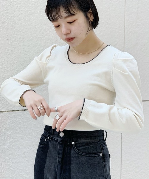 Kastane（カスタネ）の「配色ステッチパフニット（ニット/セーター・レディース・ブラック/イエロー/グリーン/アイボリー・FREE）」の22枚目の写真